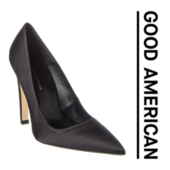 GOOD AMERICAN 🖤 The Icon Pointed Toe Pump - Black Satin - Size 7 - Picture 2 of 7
